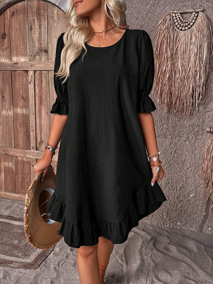 Midi Dress Women Casual Loose Crew Neck Relaxed Fit Mid-Length