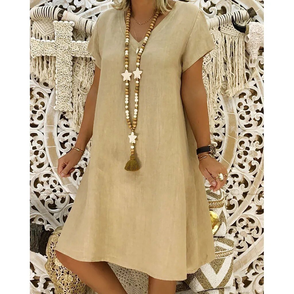 V-Neck Dress Women's Lightweight Short Sleeve A-Line Mini