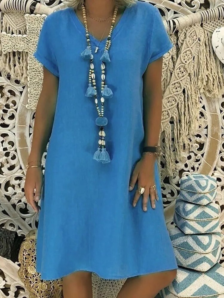 V-Neck Dress Women's Lightweight Short Sleeve A-Line Mini
