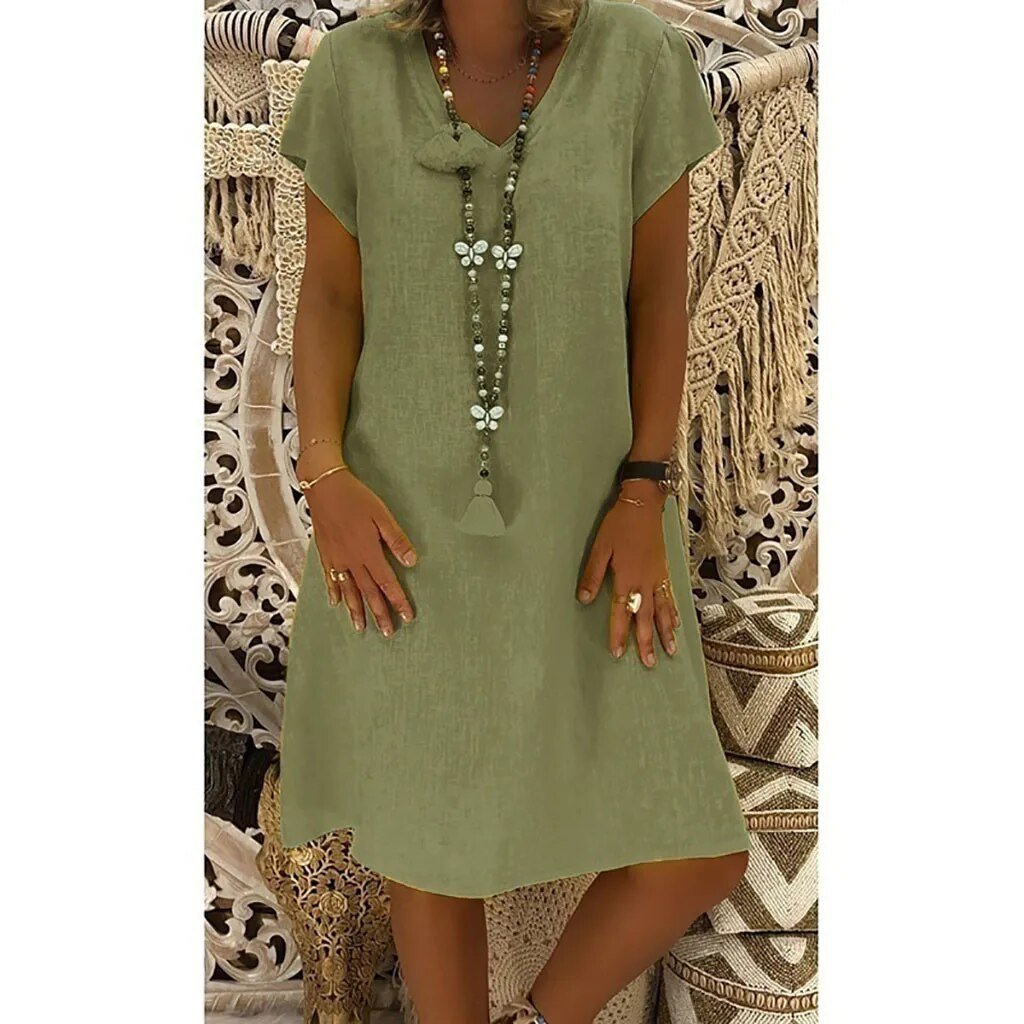 V-Neck Dress Women's Lightweight Short Sleeve A-Line Mini