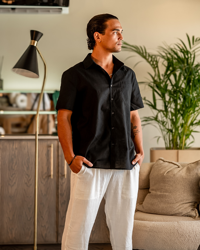 Men's Linen Button-Up Shirt – Short Sleeve Relaxed Fit Summer