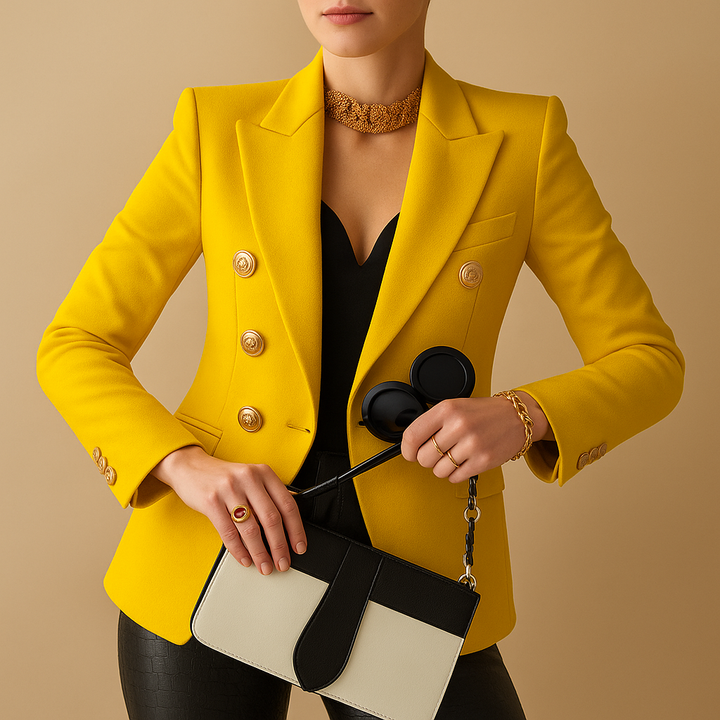 Women's Long Blazer Notch Lapel – Contrast Trim Fitted Elegant