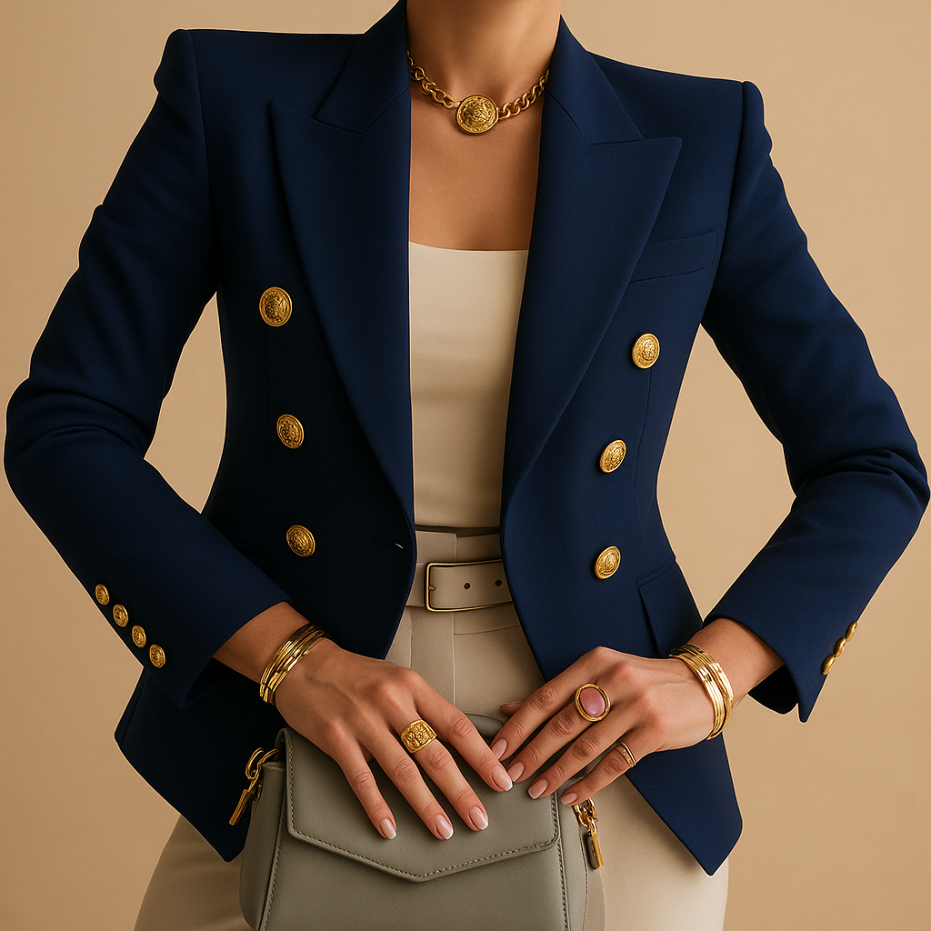 Women's Long Blazer Notch Lapel – Contrast Trim Fitted Elegant