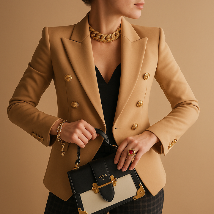 Women's Long Blazer Notch Lapel – Contrast Trim Fitted Elegant