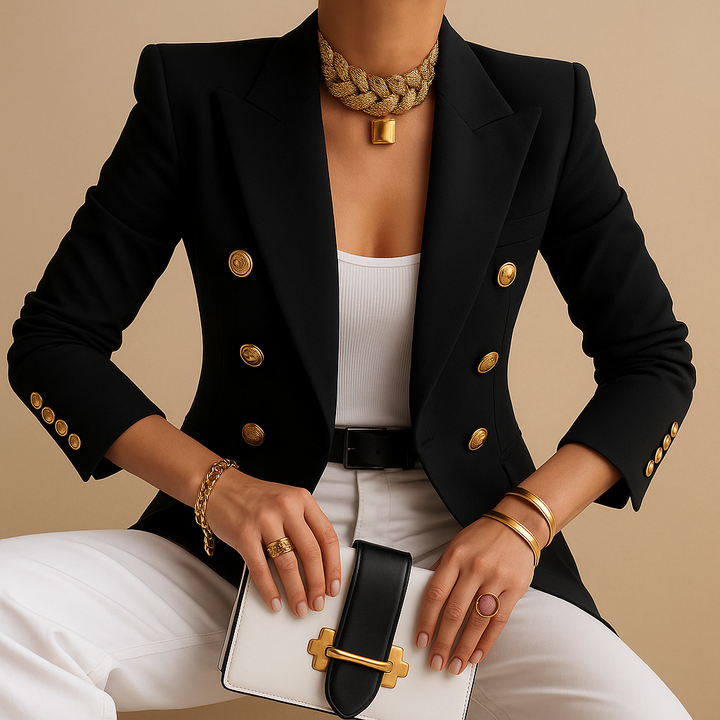 Women's Long Blazer Notch Lapel – Contrast Trim Fitted Elegant