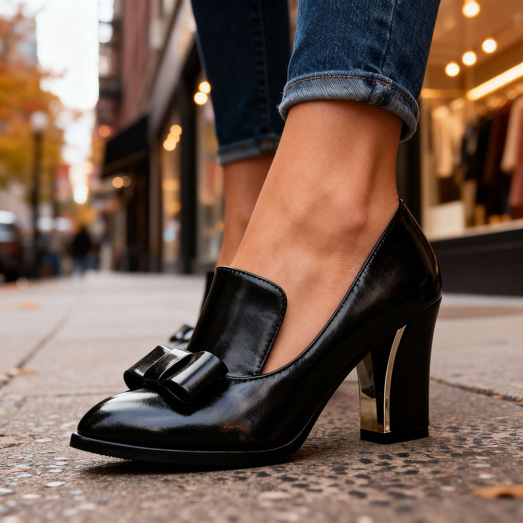 Block Heel Loafer Pumps – Bow Detail Pointed Toe Women's