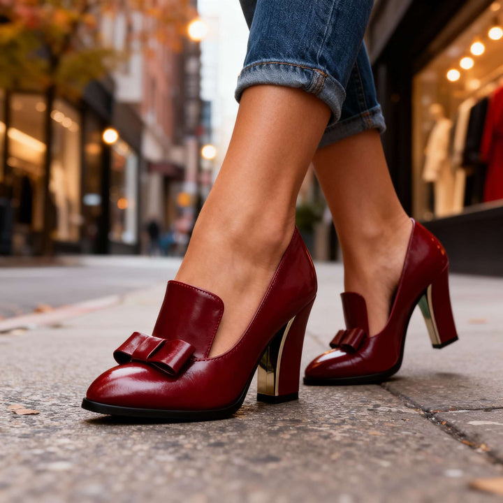 Block Heel Loafer Pumps – Bow Detail Pointed Toe Women's