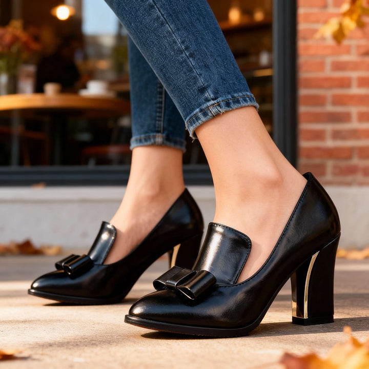Block Heel Loafer Pumps – Bow Detail Pointed Toe Women's