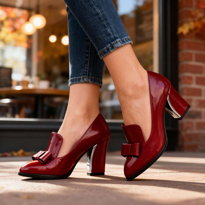Block Heel Loafer Pumps – Bow Detail Pointed Toe Women's