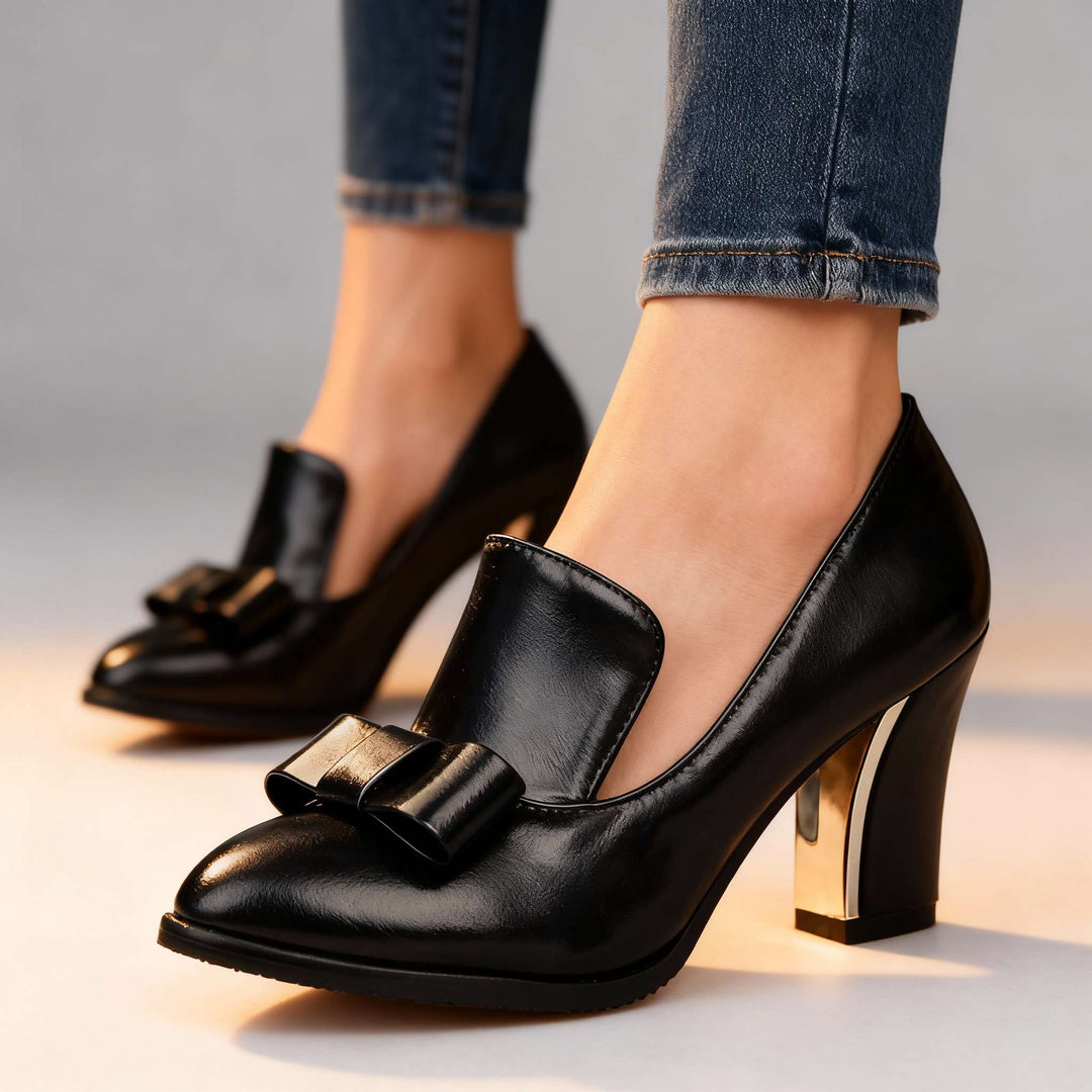 Block Heel Loafer Pumps – Bow Detail Pointed Toe Women's
