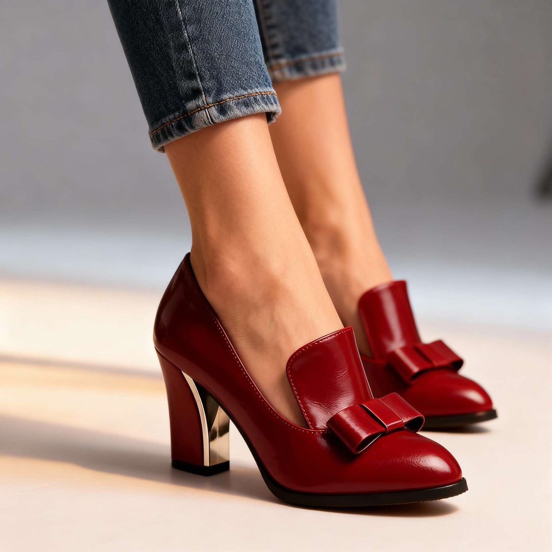 Block Heel Loafer Pumps – Bow Detail Pointed Toe Women's
