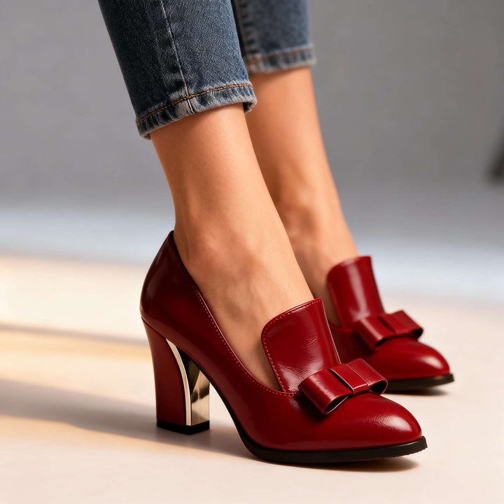 Block Heel Loafer Pumps – Bow Detail Pointed Toe Women's