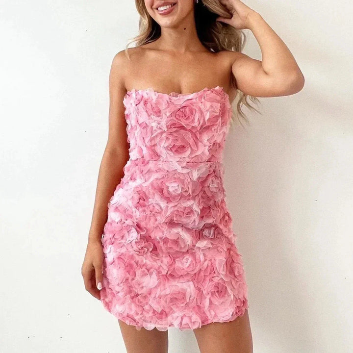 3D Floral Strapless Bodycon Mini Dress – Chiffon Overlay