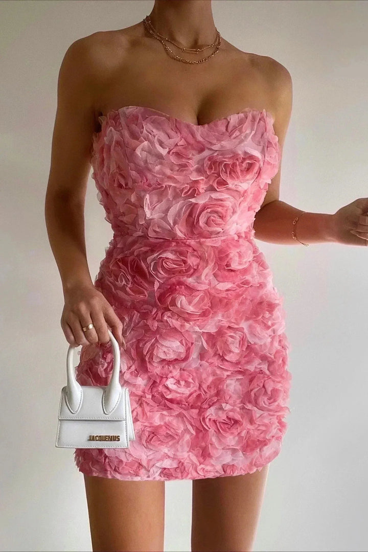 3D Floral Strapless Bodycon Mini Dress – Chiffon Overlay