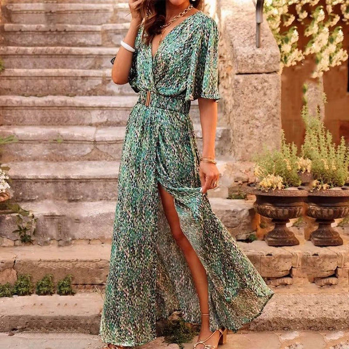 Printed Wrap Maxi Dress – Flutter Sleeve & Split Hem