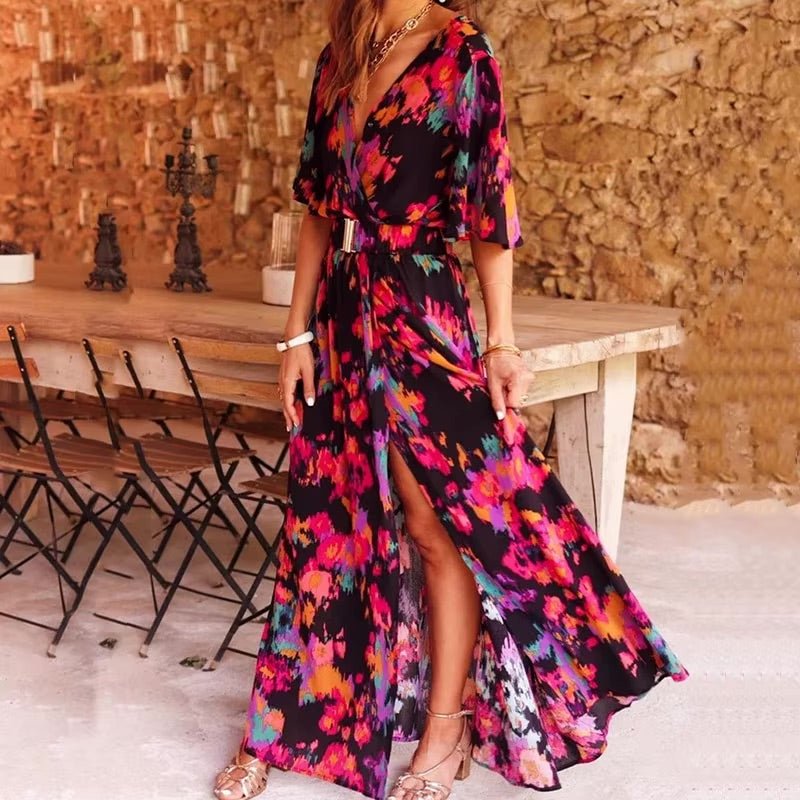 Printed Wrap Maxi Dress – Flutter Sleeve & Split Hem