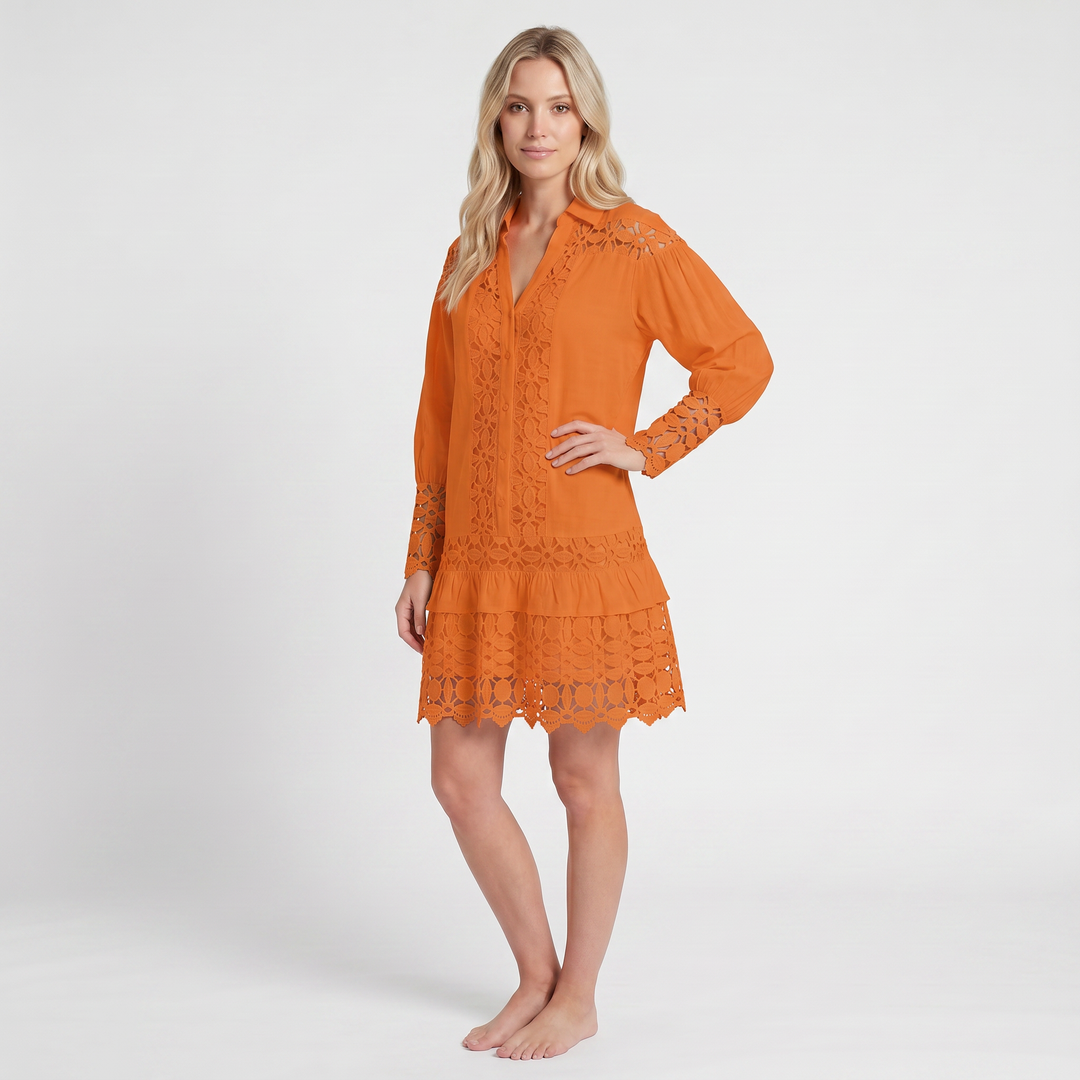 Lace Maxi Dress – V-Neck, Ruffle Sleeves & Built-In Shorts