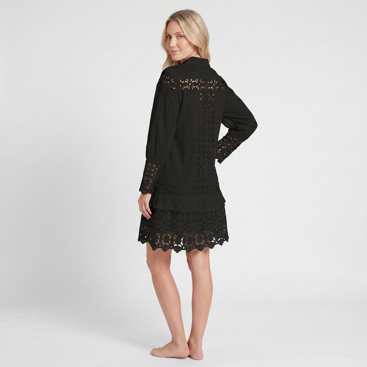 Lace Maxi Dress – V-Neck, Ruffle Sleeves & Built-In Shorts