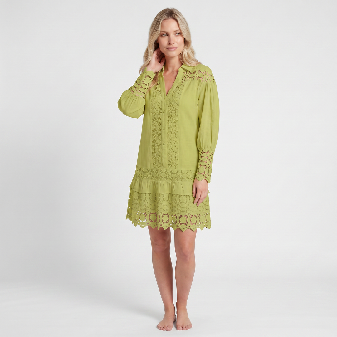 Lace Maxi Dress – V-Neck, Ruffle Sleeves & Built-In Shorts