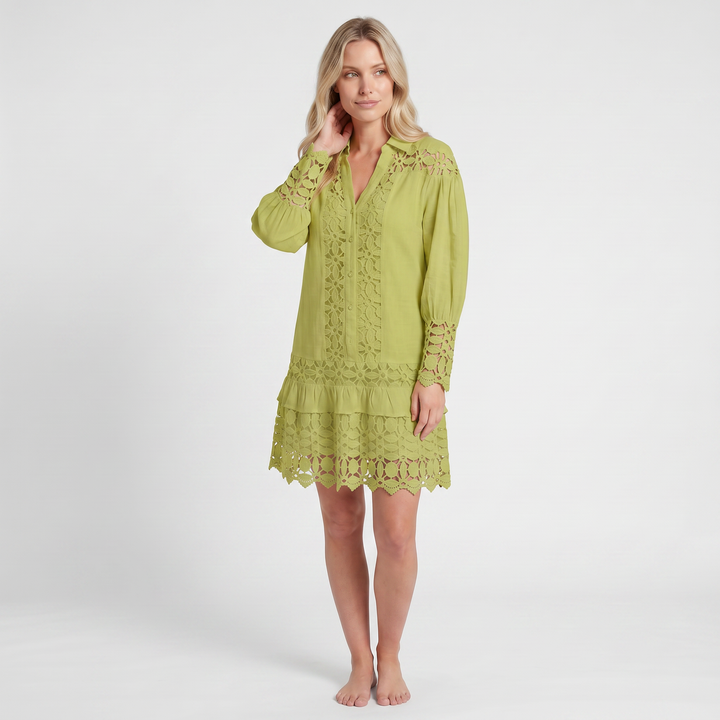 Lace Maxi Dress – V-Neck, Ruffle Sleeves & Built-In Shorts