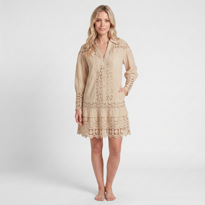 Lace Maxi Dress – V-Neck, Ruffle Sleeves & Built-In Shorts