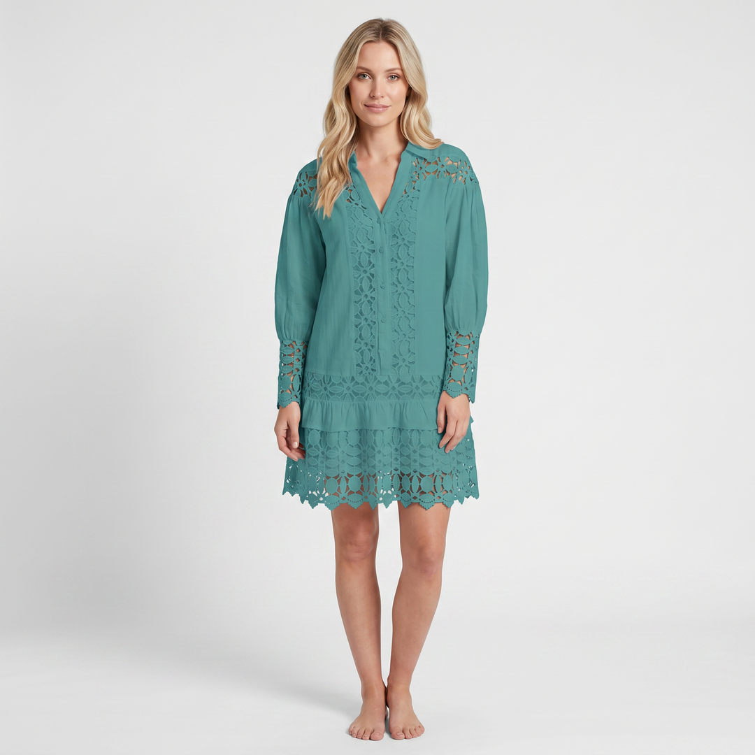 Lace Maxi Dress – V-Neck, Ruffle Sleeves & Built-In Shorts