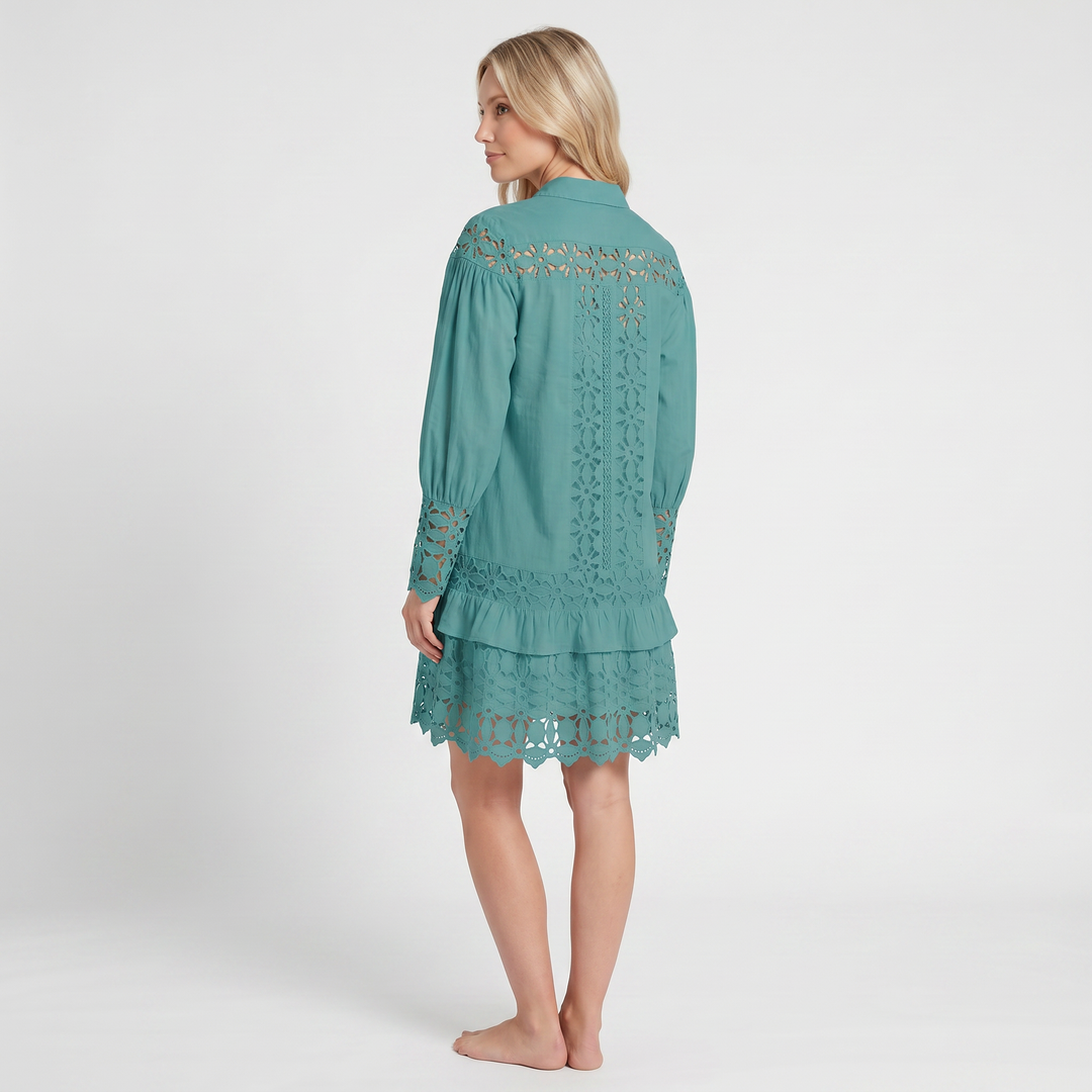 Lace Maxi Dress – V-Neck, Ruffle Sleeves & Built-In Shorts