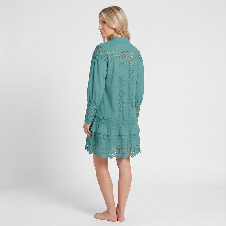 Lace Maxi Dress – V-Neck, Ruffle Sleeves & Built-In Shorts