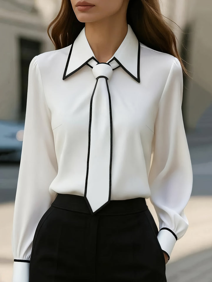 Tie Neck Blouse – Women's Contrast Trim Long Sleeve Top