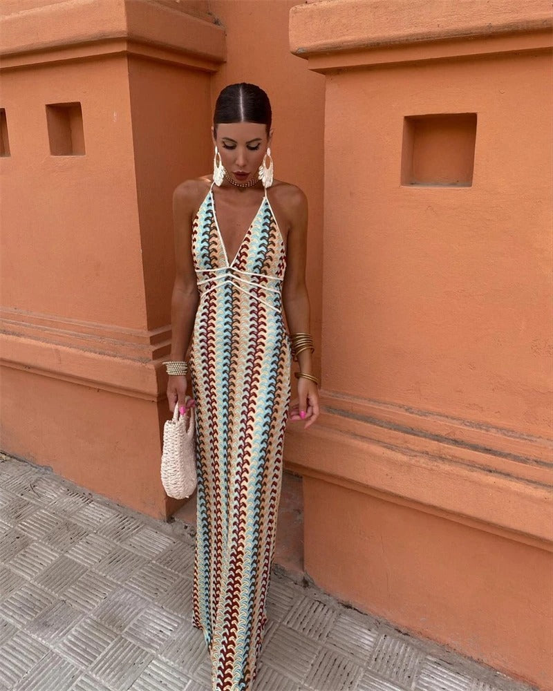 Women's Boho Halter Neck Maxi Dress – Bold Pattern Flowing Beach