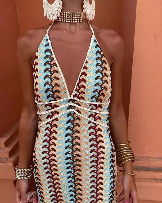 Women's Boho Halter Neck Maxi Dress – Bold Pattern Flowing Beach