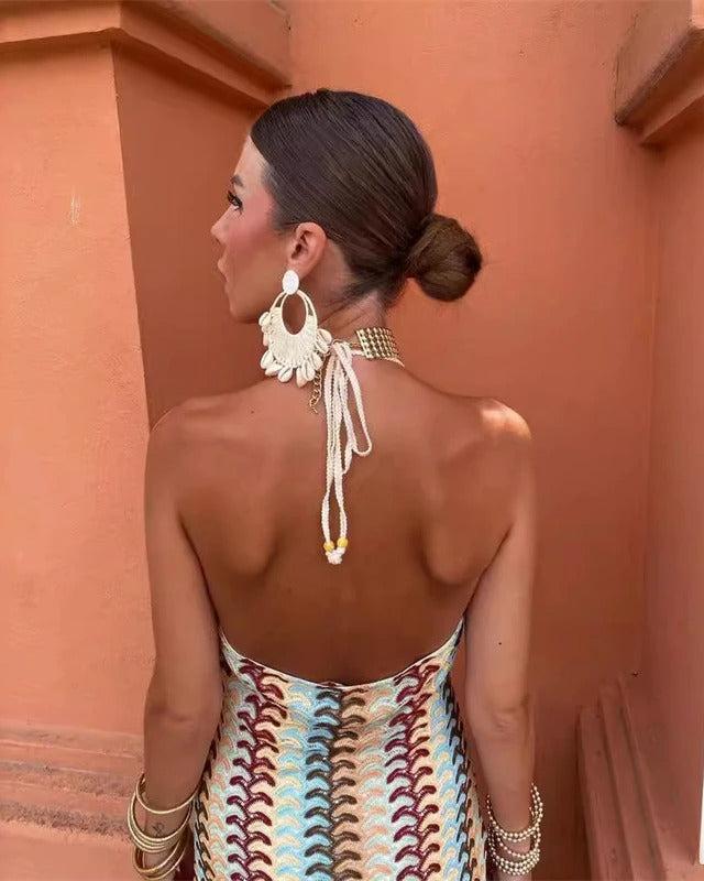 Women's Boho Halter Neck Maxi Dress – Bold Pattern Flowing Beach