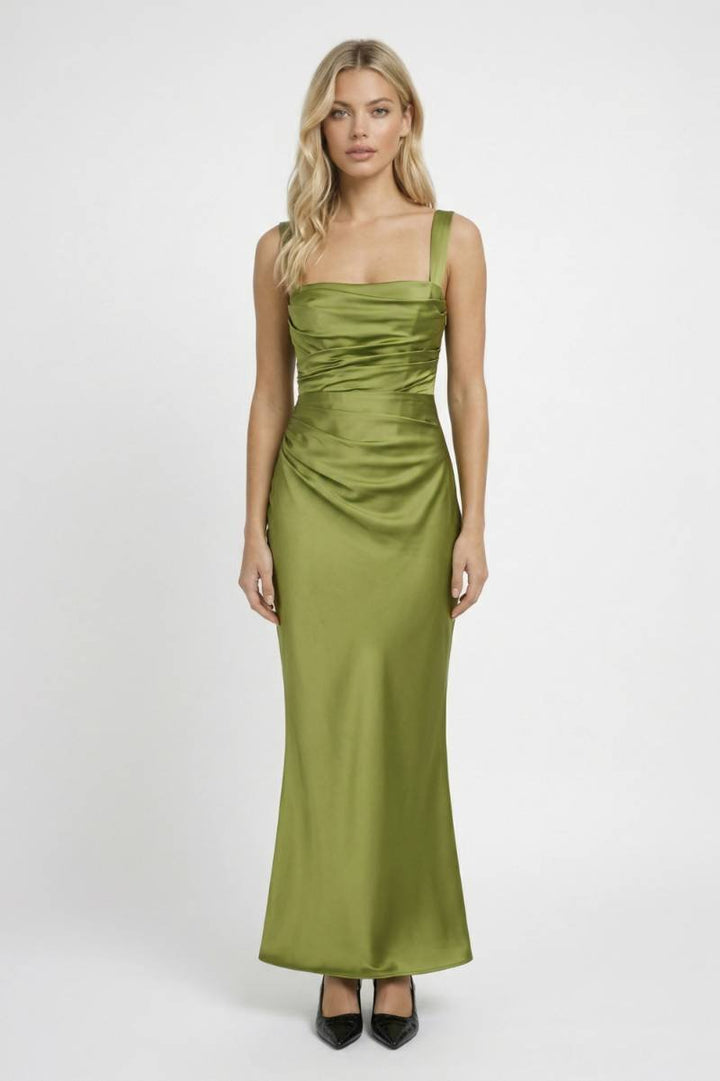 Satin Maxi Dress – Draped Waist Elegant Fit for Women