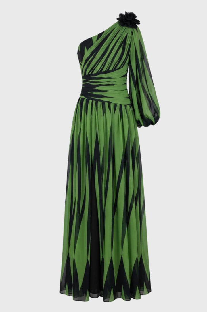 One Shoulder Printed Maxi Dress – Long Sleeve Formal Gown