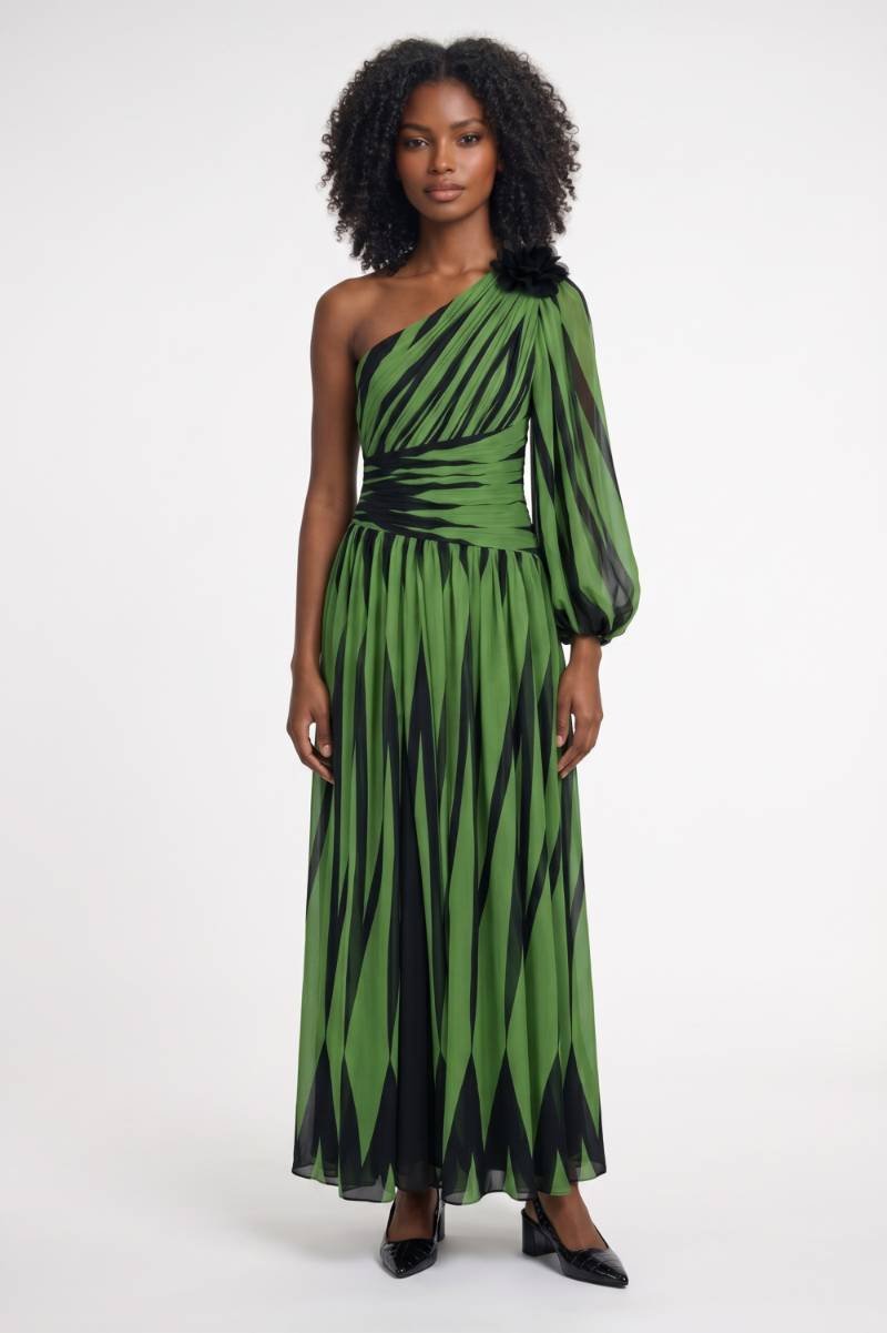 One Shoulder Printed Maxi Dress – Long Sleeve Formal Gown