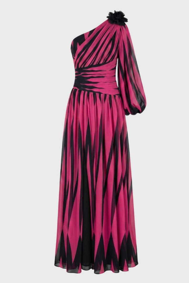 One Shoulder Printed Maxi Dress – Long Sleeve Formal Gown