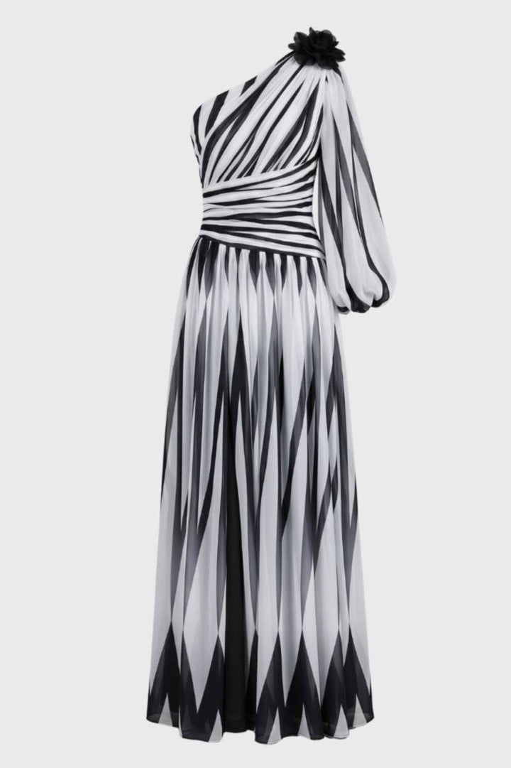 One Shoulder Printed Maxi Dress – Long Sleeve Formal Gown