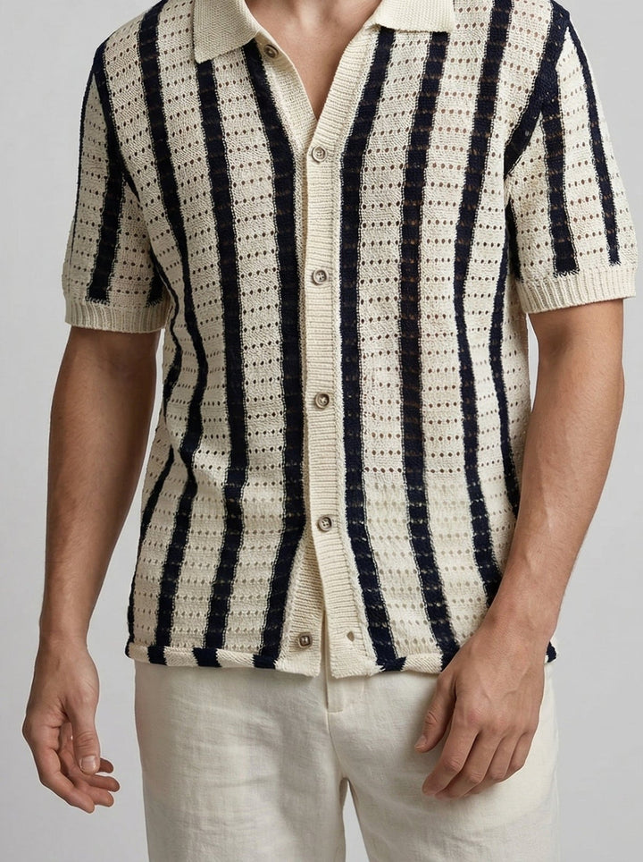 Men's Pointelle Knit Camp Collar Shirt – Vertical Stripe Open Weave