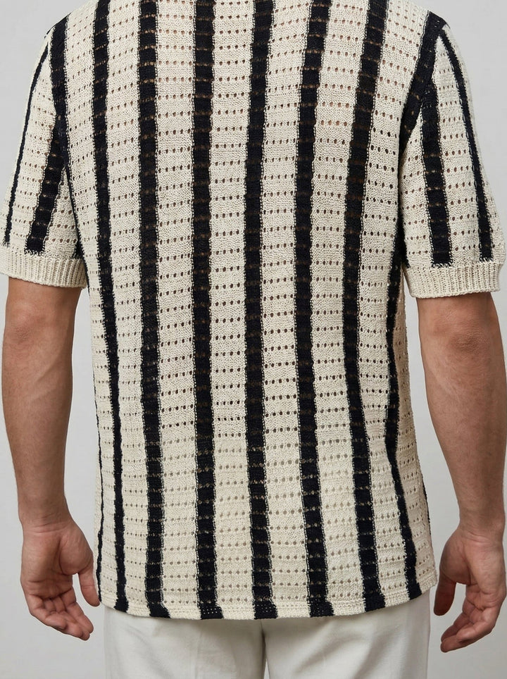 Men's Pointelle Knit Camp Collar Shirt – Vertical Stripe Open Weave