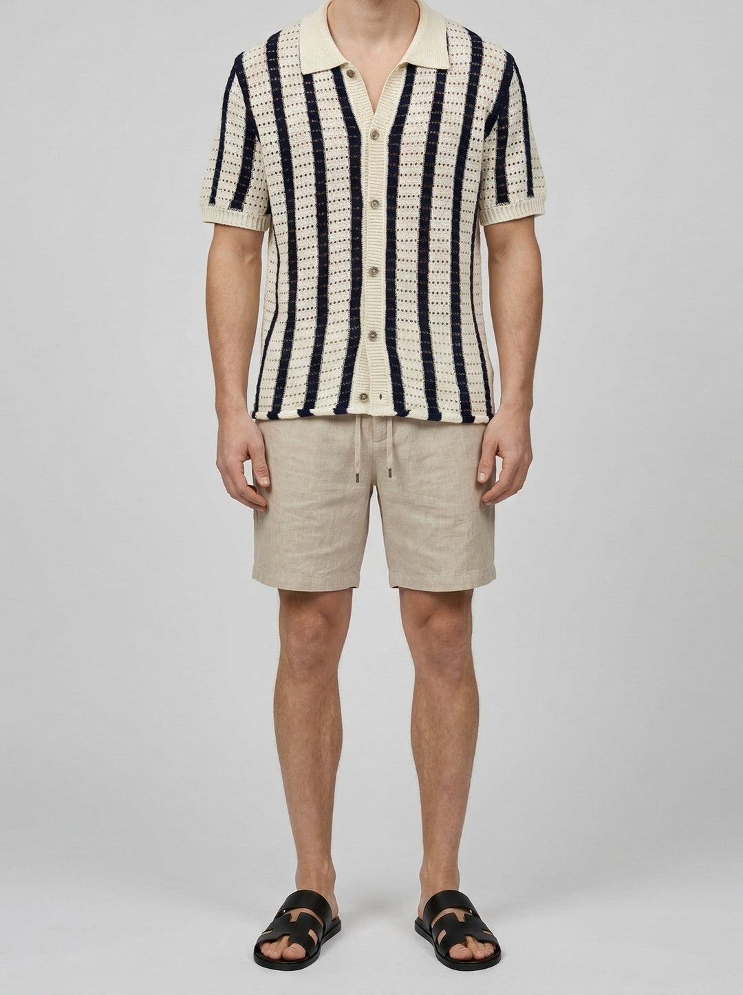 Men's Pointelle Knit Camp Collar Shirt – Vertical Stripe Open Weave