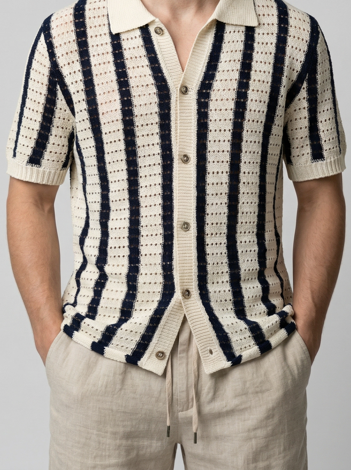 Men's Pointelle Knit Camp Collar Shirt – Vertical Stripe Open Weave