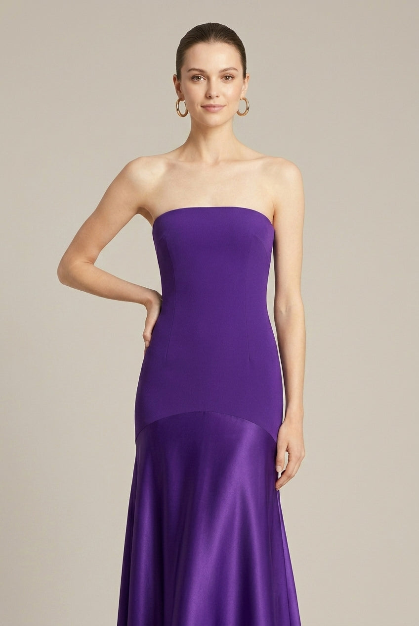 Women's Strapless Satin Maxi Dress Drop Waist – Evening Gown Back Slit