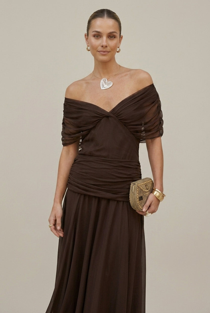 Women's Off Shoulder Maxi Dress Wrap V-Neck – Draped Ruched Waist