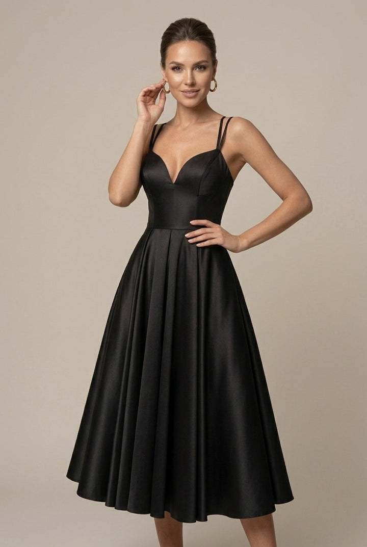 Women's A-Line Midi Dress Deep V Sweetheart – Spaghetti Straps