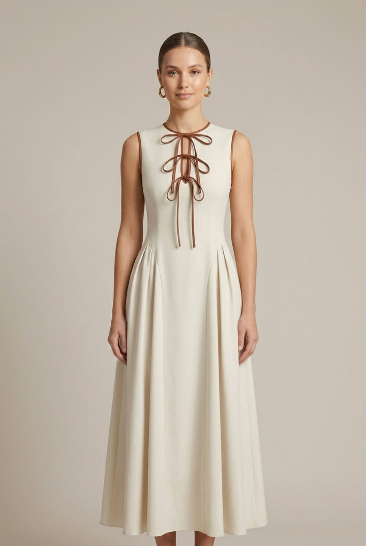 Women's Drop Waist Maxi Dress Bow Tie Detail – A-Line Contrast Trim