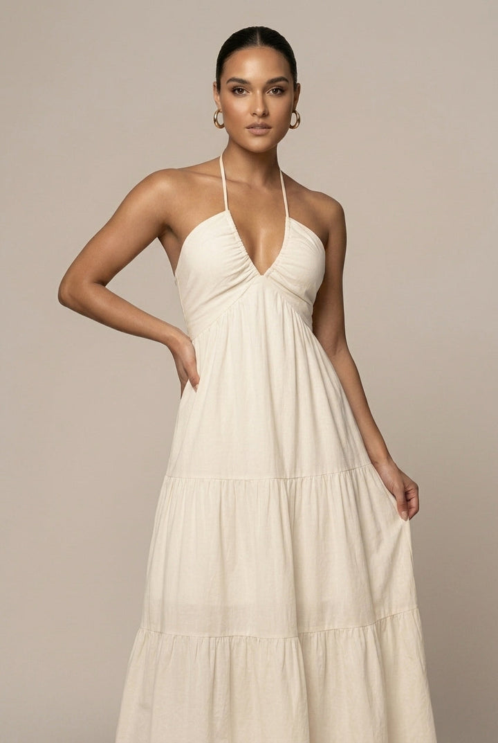 Women's Halter Neck Maxi Dress Tiered Ruffle Skirt – Deep V Open Back