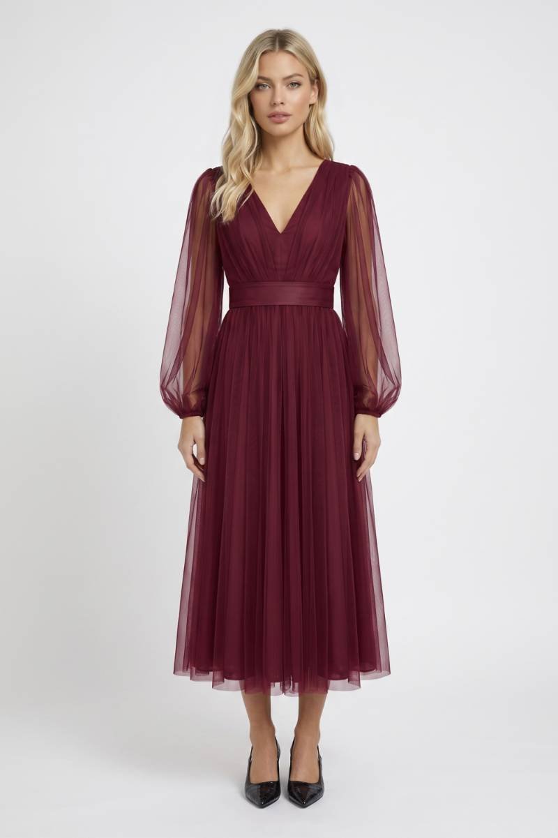Tulle Midi Dress – V-Neck & Sheer Long Sleeves