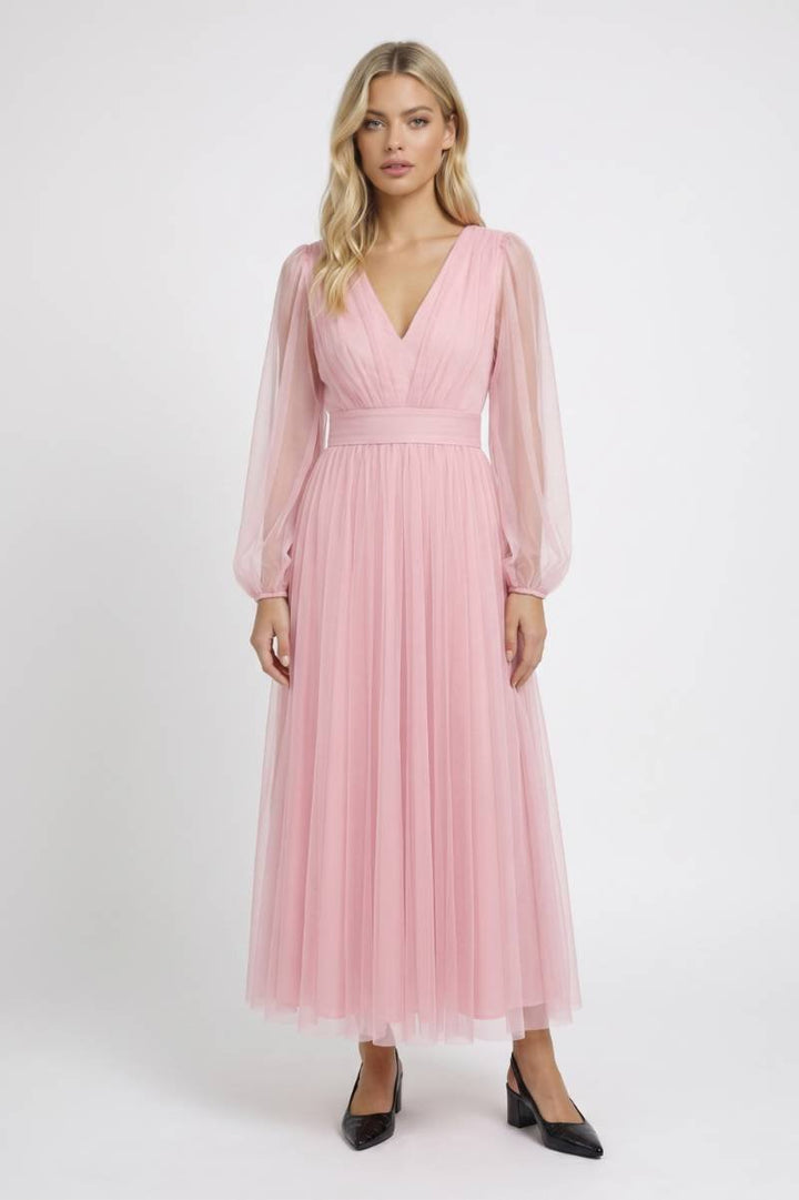 Tulle Midi Dress – V-Neck & Sheer Long Sleeves