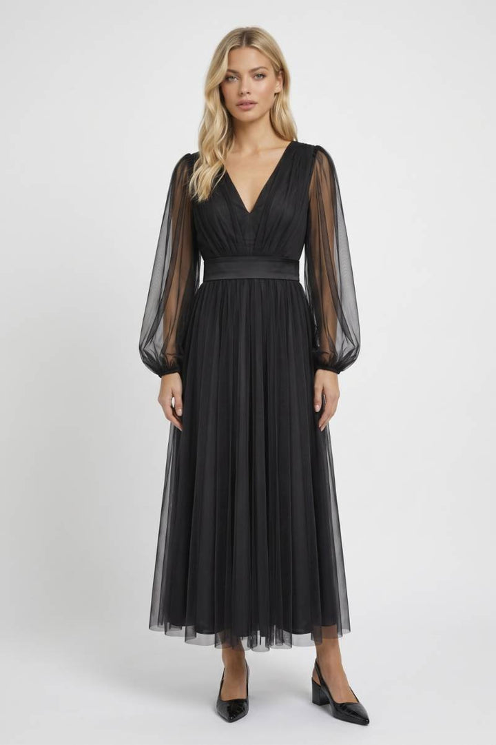 Tulle Midi Dress – V-Neck & Sheer Long Sleeves