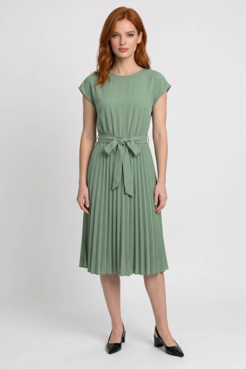 Pleated Midi Dress – Flowy Tie-Waist Style for Work & Weekends